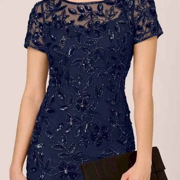 Adrianna Papell Beaded Short Sleeve Floral Godet Gown Midnight Navy Size 0 NWT - Picture 10 of 14